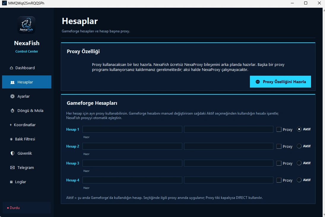 NexaFish Gameforge hesap ve proxy yönetimi ekranı