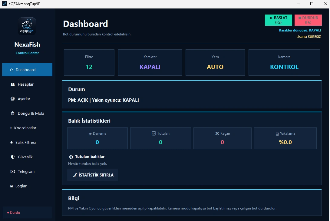 NexaFish Metin2 balık botu dashboard ekranı