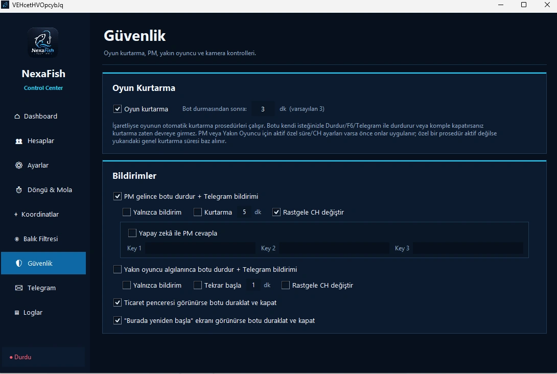 NexaFish PM yakın oyuncu ve oyun kurtarma güvenlik ayarları