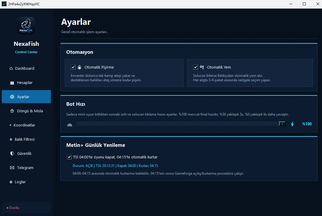NexaFish otomatik yem pişirme ve bot hızı ayarları