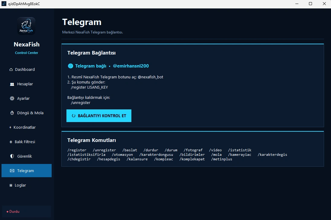 NexaFish Telegram uzaktan kontrol ekranı